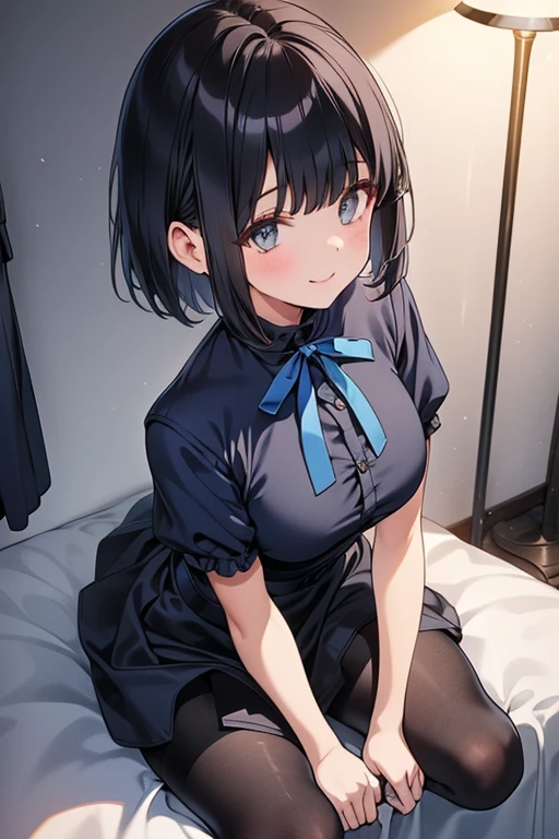 highest quality, 8K,(one girl:1.3),(sharp bob),Navy Hair,light Blue Eyes,seductive smile,Black Pantyhose, Blue short skirt,White blouse,Almond-shaped eyes,close mouth,Fancy Room,make out,fidgety,from side,(tall stature:1.1),shy,