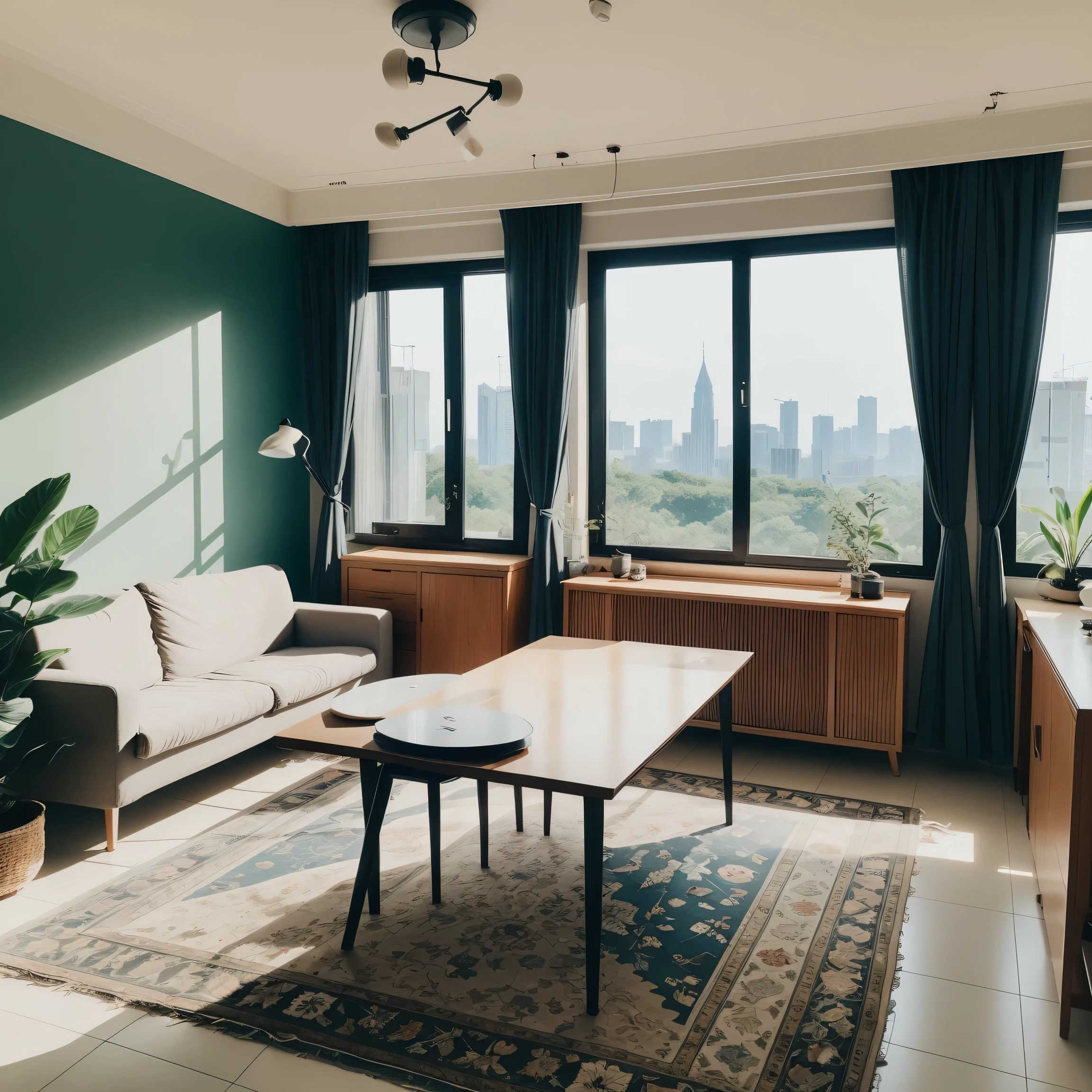 Image of the whole room、Wide-angle shot、A broad perspective、wide、Large living room、100㎡、kitchen、table、Natural interior、Foliage plant、Blue Curtain、rug、City、Tower apartment、interior、Stylish、Stand lamp、Asahi、Realistic、masterpiece、beautiful、8k、highest quality、Attention to detail、8k、Sharpness