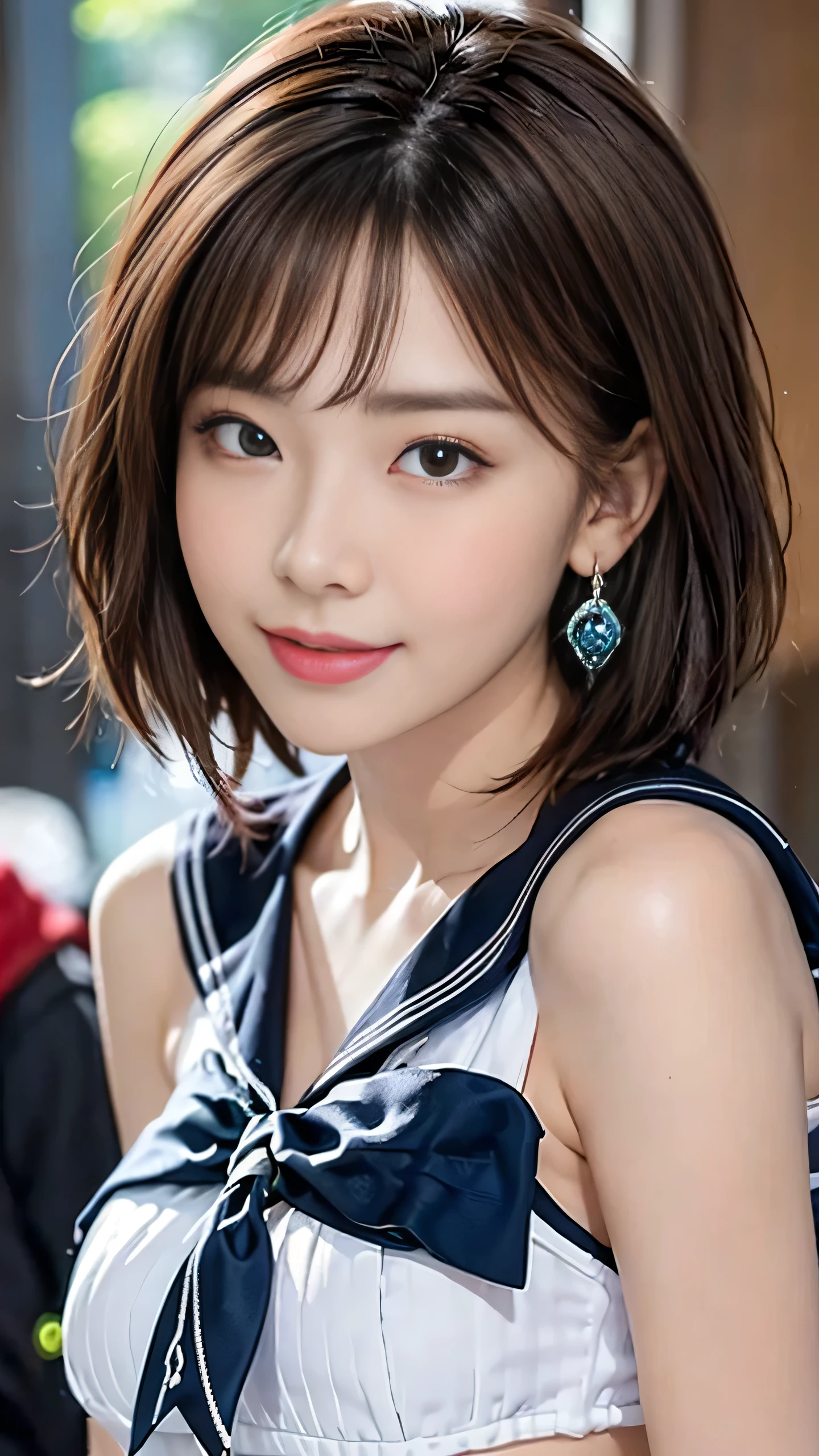 (An 18-year-old black gal perfect for friendship)(Bright colors:1.3)、(Very detailed ((Blue Diamond)) Earrings:1.4)、RAW Photos、Genuine:1.6、quality:1.5、8k、masterpiece:1.3、Ultra-high resolution:1.0、Sharp focus:1.2、(Big Breasts:1.5)、Highly detailed face and skin texture、Beautiful eyes、double eyelid、(Black gal makeup:1.2) 、Perfect facial balance、(smile:1.1)、((Silver short hair:1.2)、美しい studio soft light、Rim Light、Sharp details、Surreal、Beautiful smooth skin、Genuine Skin、(Looking at the audience)、(((Sailor suit)))、