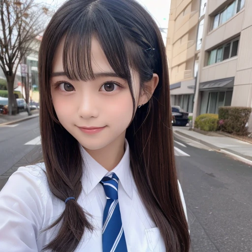 Cute 15 year old Japanese、On the road、Highly detailed face、Pay attention to the details、double eyelid、Beautiful thin nose、Sharp focus:1.2、Beautiful woman:1.4、Align your bangs、Pure white skin、highest quality、masterpiece、Ultra-high resolution、(Realistic:1.4)、Highly detailed and professional lighting、nice smile、Japanese school girl uniform、、