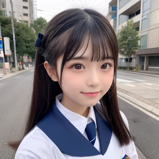 Cute 15 year old Japanese、On the road、Highly detailed face、Pay attention to the details、double eyelid、Beautiful thin nose、Sharp focus:1.2、Beautiful woman:1.4、Align your bangs、Pure white skin、highest quality、masterpiece、Ultra-high resolution、(Realistic:1.4)、Highly detailed and professional lighting、nice smile、Japanese school girl uniform、、