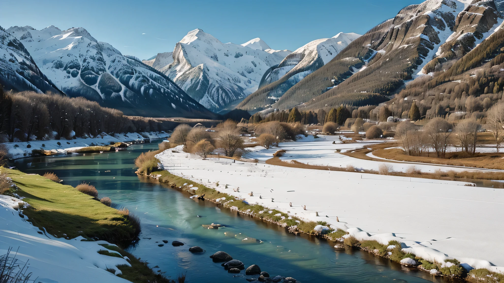 Draw a beautiful green landscape with rivers and mountains covered with snow.
