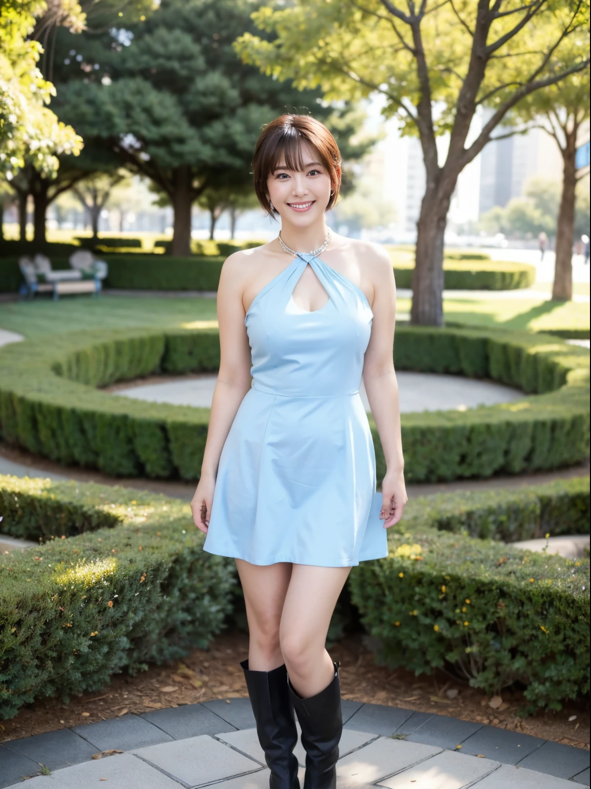 (RAW Photos:1.2), (Realistic:1.4),Beautiful detailed woman,非常にFine Eyesと顔, Fine Eyes, Very detailed,High resolution, Very detailed,highest quality,Awareness-raising,Unified,8k wallpaper,masterpiece,highest quality,1 female,alone,rich,Esbian all over,(Standard body shape),Thick legs,alone,（D cup breasts）、（Light blue mule strap dress,Knee-high boots）,jewelry, necklace ,short hair,A kind smile,A dignified atmosphere,black eye,Realistic,Hibiya Park , (Morning Park:1.1),(Stand upright：1.4）