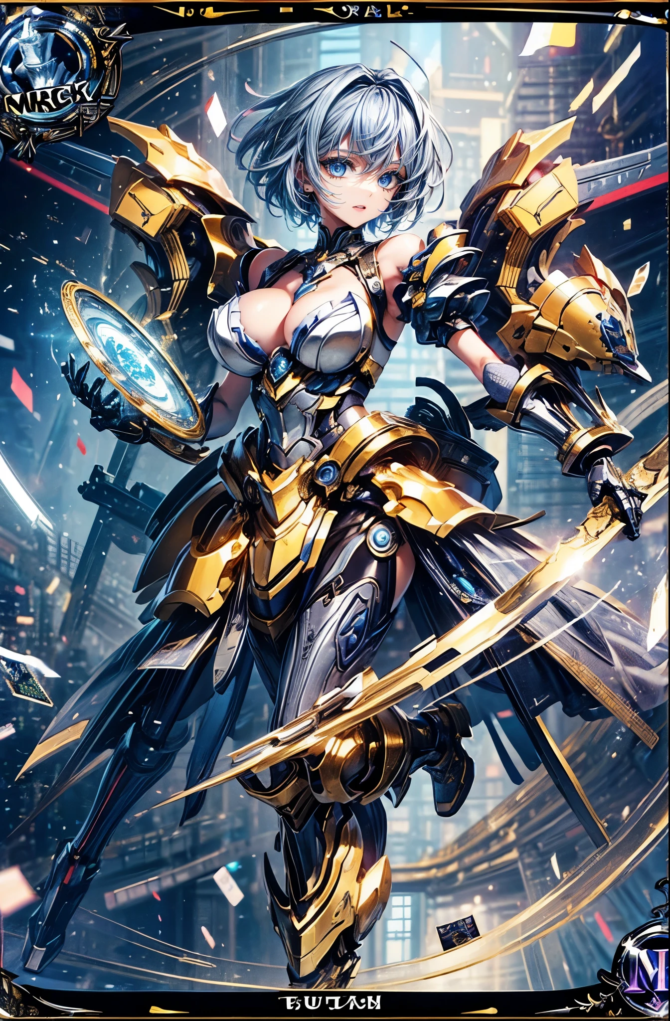 super high quality、8K quality、High resolution、Image quality captured with a single-lens reflex camera、(software)、Perfect Anatomy、Golden Knight Girl、(Blue-gray short hair、Shoulder-length hair:1.2)22 year old beauty.Mature Face、blue eyes(Happy and embarrassed look:1.4)(The shape is also good、Her chest size is normal too)
break
(Fantasy、alchemy)
(ゴージャスとFantasyの融合をモチーフにした騎士衣装、Acrobatic action pose:1.3)(boost mood:1.3)
(Golden Locomotive:1.5)
Look to the side(Perfect Anatomy:1.4)break(Magic field deployment:1.2)break.(Trading card design frame:1.5)