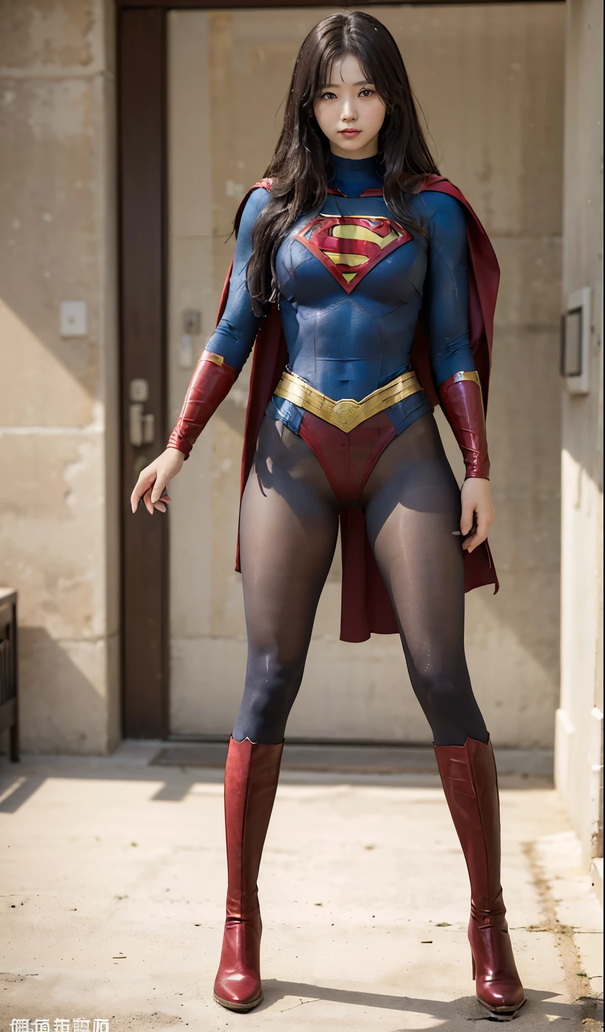 No background、(((Beautiful legs in black tights.)))、(((Legally express the beauty of your smile)))、((((Make the most of your original images)))、(((Body-fitting Supergirl costume)))、(((Supergirl Costume)))、(((Beautiful Hair)))、(((suffering)))、(((Please wear black tights....、Wear red boots)))、((Best image quality、8k))、((highest quality、8k、masterpiece:1.3))、(((Preserve background )))、Sharp focus:1.2、Beautiful woman with perfect figure:1.4、Slim Abs:1.2、Wet body:1.5、Highly detailed face and skin texture、8k