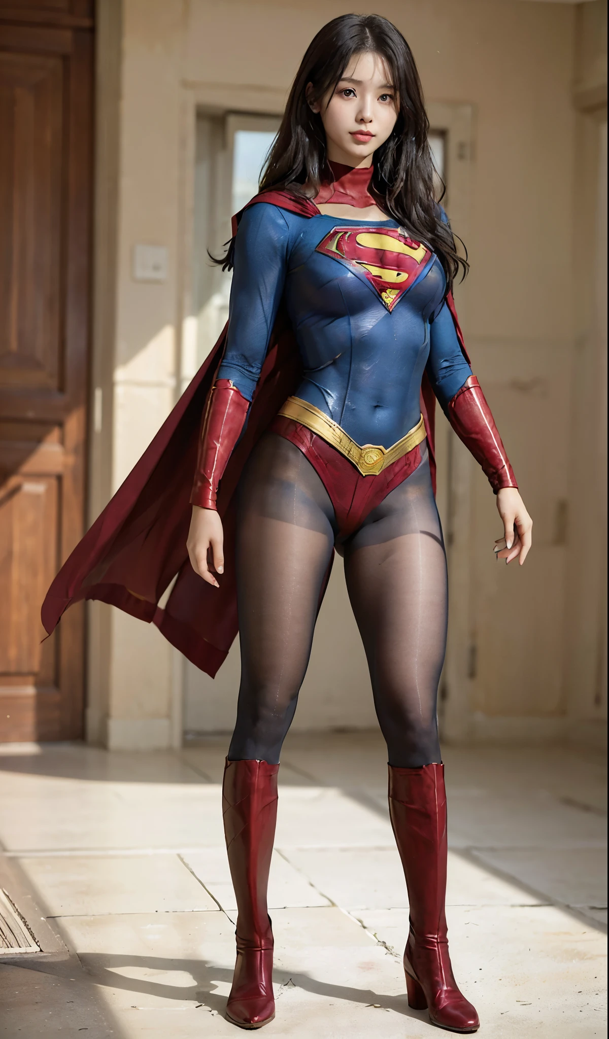 No background、(((Beautiful legs in black tights.)))、(((Legally express the beauty of your smile)))、((((Make the most of your original images)))、(((Supergirl Costume)))、(((Beautiful Hair)))、(((suffering)))、(((Please wear black tights....、Wear red boots)))、((Best image quality、8K))、((highest quality、8K、masterpiece:1.3))、(((Preserve background )))、Sharp focus:1.2、Beautiful woman with perfect figure:1.4、Thin abdominal muscles:1.2、Wet body:1.5、Highly detailed face and skin texture、8K