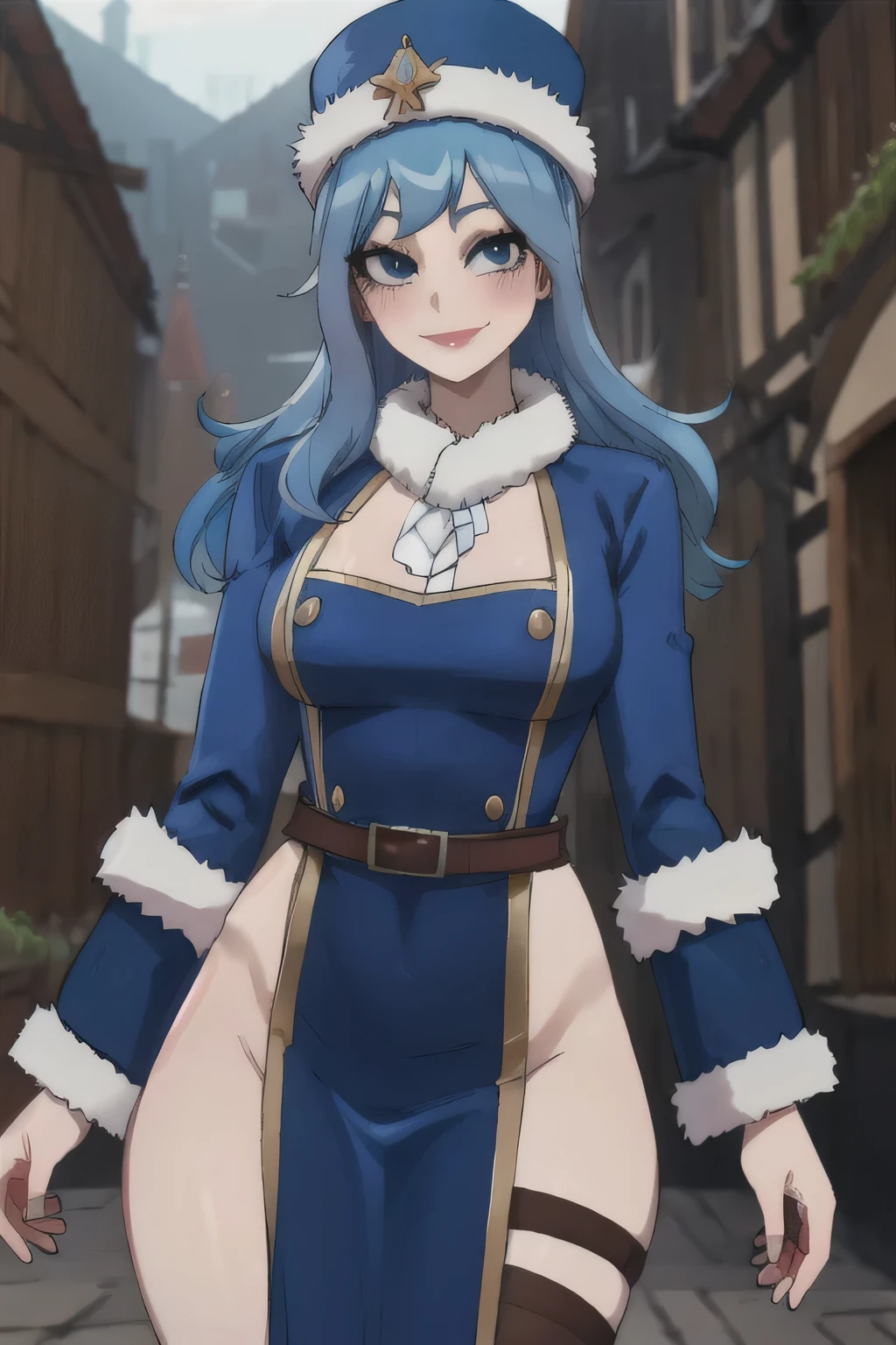 masterpiece, Best quality, a high resolution, Aayuvia, long hair, blue headdress, Fur-trimmed hats, lure, blue dress, long sleeves, belt, side slit, Tatu, thigh high, cowboy shot, standing, on open air, smile