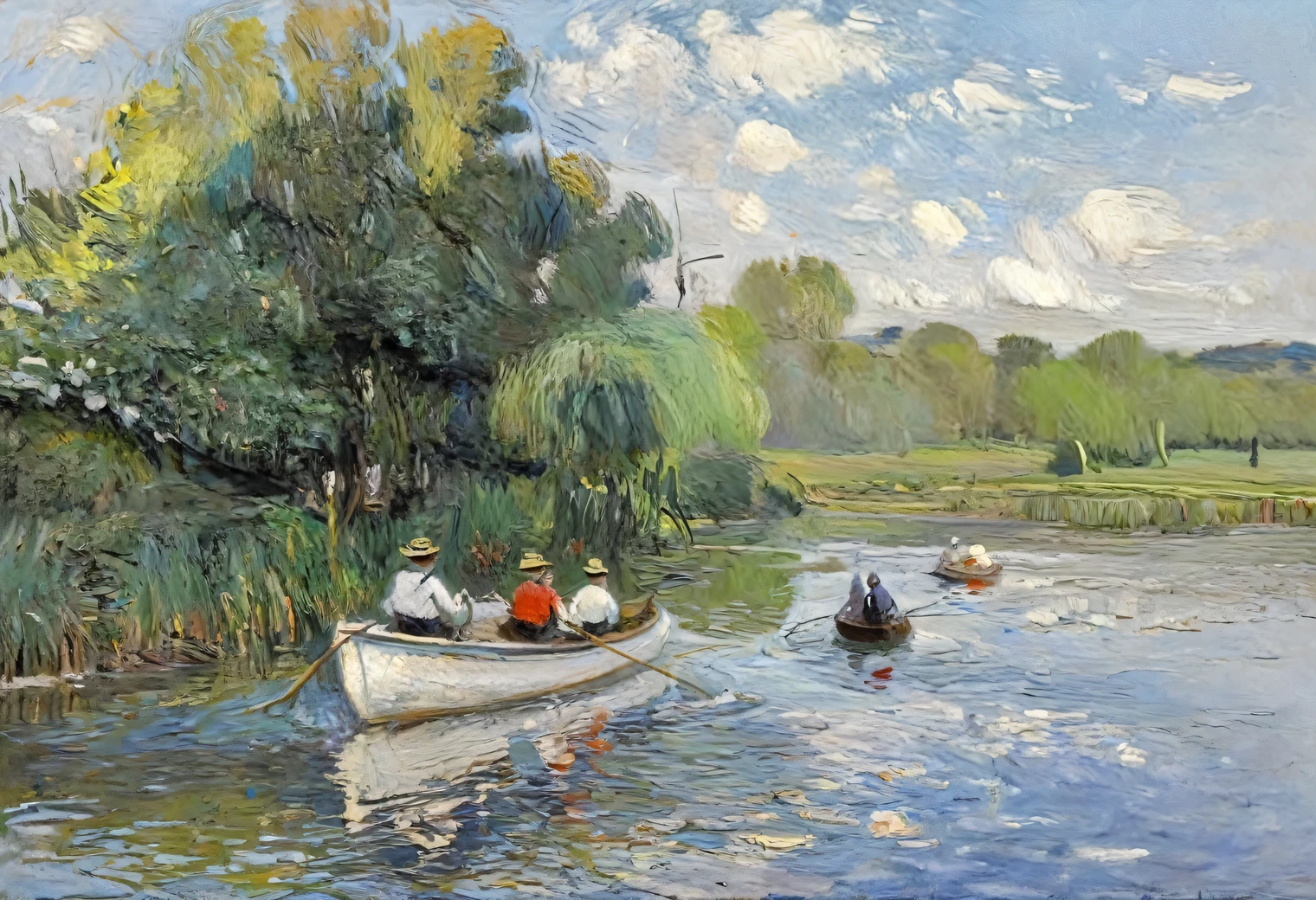 Painting by Claude Monet boat trip on a quiet river, 19th century, oil on canvas, full compliance with the style of Claude Monet