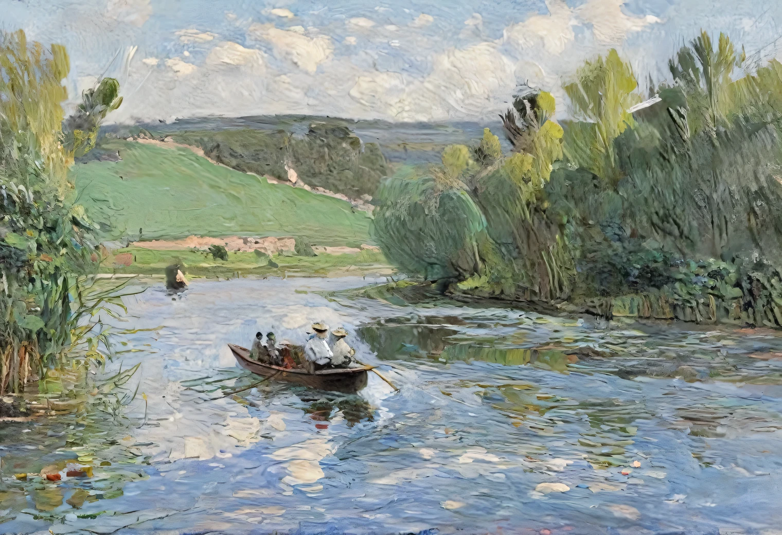 Painting by Claude Monet boat trip on a quiet river, 19th century, oil on canvas, full compliance with the style of Claude Monet