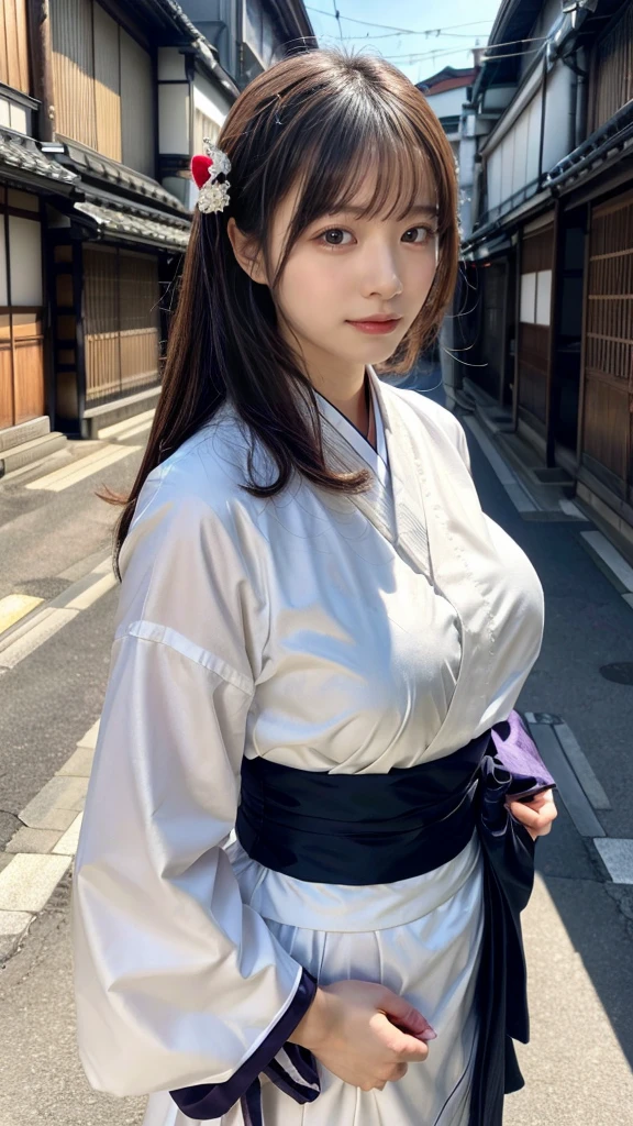 professional lighting,(Photoreal:1.4), (Top image quality:1.0), (超A high resolution:1.0), 8k, Raw photography, (masterpiece:0.2), (Pueros face_v1:0.5)、(highest quality Detail:1.2)、realistic、8k UHD、High resolution、(1 girl:1.2)、Super detailed、High quality textures、intricate details、detailed、Very detailed CG、High quality shadows、detailed Beautiful and delicate face、Beautiful details and delicate eyes、(symmetrical eyes:1.2),Depth of the bounds written、ray tracing,1 girl, japanese girl,cute, large breasts, Portrait of a beautiful Japanese woman wearing a kimono, Standing elegantly on a street corner in Kyoto. A kimono with bright traditional patterns, Hair decorated with an elegant and delicate hairpin, and a gentle expression. (Against the backdrop of the old streets of Kyoto:1.4)、soft light on a spring afternoon、adds tranquility to the scene. Rendered in a realistic style with great attention to detail, High resolution images.sky porn, magic hour, (realistic:1.3), finely, quality, (table top:1.2), (realistic:1.2), (highest quality), (Complex details), dramatic, ray tracing, photograph, +roller