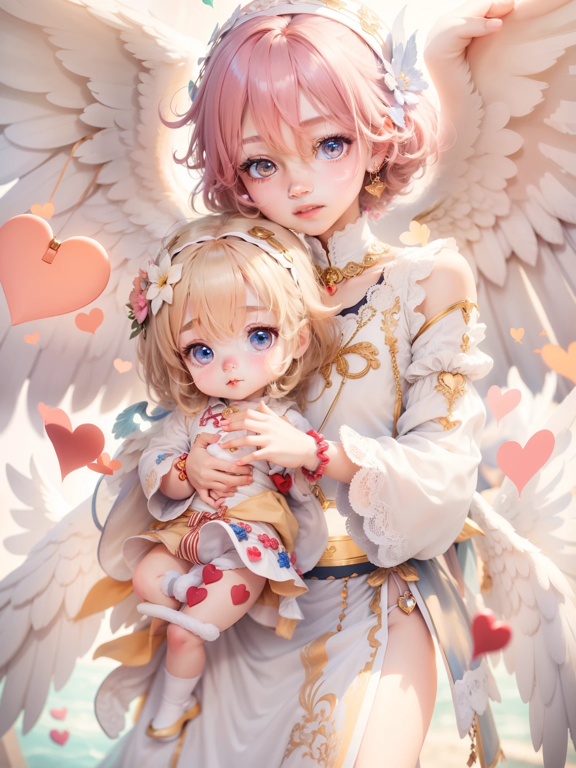 Cute angel boy３people、Holding hands、Lots of hearts