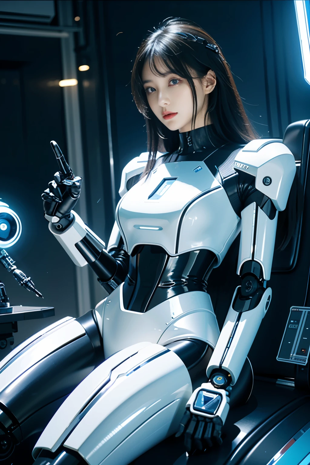 (masterpiece)、(top quality、high quality、top resolution、high resolution)、extreme elaboration、(solo)、(Science fiction、cyber punk:1.3)、Inorganic、Beautiful robot woman、(Robot Police:1.2)、(Beautiful robot:1.4)、Android、Cool Beauty、(almond-shaped eyes、shaped eyes)、(big eyes:1.2)、(big iris:1.3)、Curvaceous face、(Very well balanced face)、Well-proportioned face、Wide lips、Glossy Mouth、Arched eyebrows、(Robot Joints:1.3)、(Robot futuristic armor:1.2)、(body made of machine:1.3)、(Futuristic Mechanical Battle Suit:1.3)、(Robot structure:1.3)、(Mechanical Finger:1.4)、Mechanical gloves、(Shock absorber frame:1.3)、(Electronic substrate、Machinery Parts:1.3)、(Damper and power cord neck:1.3)、Robot Limbs、(Power cord:1.3)、(Robot maintenance workshop:1.3)、((Robot Scrap))、Straight Hair、(Cowboy Shot:1.5)、(sitting against the charging station)、sunlight、rim light、shine