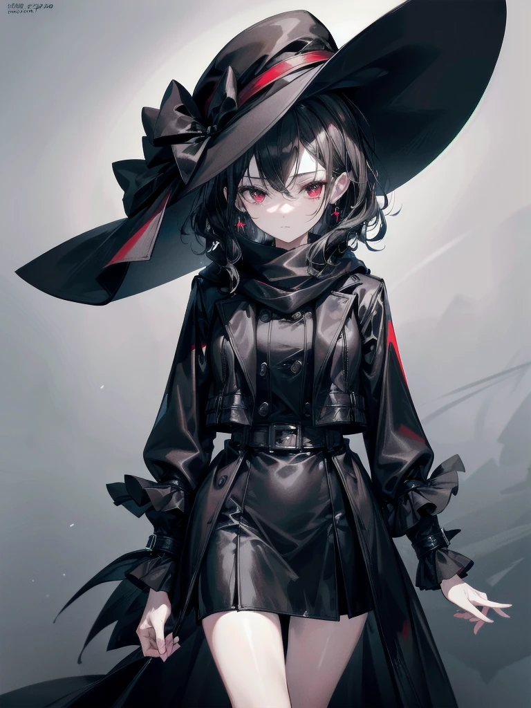 black French hat, black trench coat, Black scarf, absurdres, RAW photo, extremely delicate and beautiful, masterpiece, Best Quality, ultra high resolution, 32k, hyperrealistic, ultra-detailed, detailed description, pale skin, 20 years old, tearful mole, earring, short medium hair, wavy hair, whole body shot, legs, Red eyes,