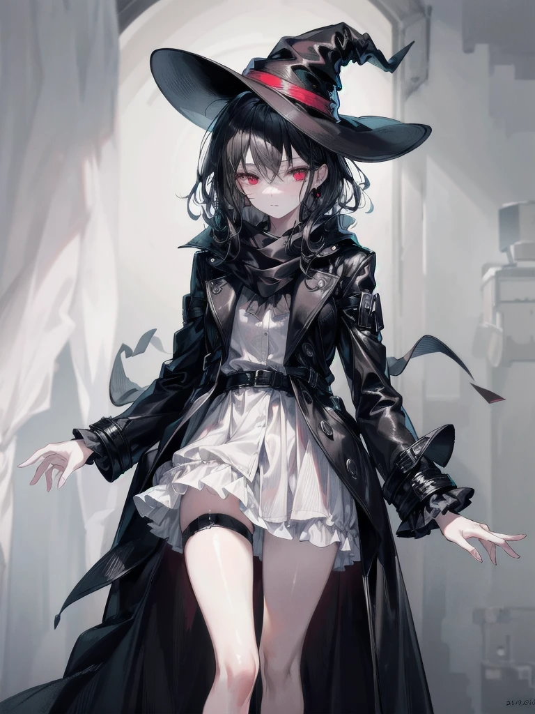 black French hat, black trench coat, Black scarf, absurdres, RAW photo, extremely delicate and beautiful, masterpiece, Best Quality, ultra high resolution, 32k, hyperrealistic, ultra-detailed, detailed description, pale skin, 20 years old, tearful mole, earring, short medium hair, wavy hair, whole body shot, legs, Red eyes, 