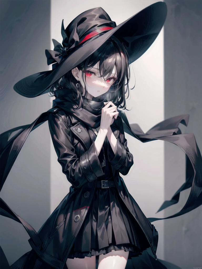 black French hat, black trench coat, Black scarf, absurdres, RAW photo, extremely delicate and beautiful, masterpiece, Best Quality, ultra high resolution, 32k, hyperrealistic, ultra-detailed, detailed description, pale skin, 20 years old, tearful mole, earring, short medium hair, wavy hair, whole body shot, legs, Red eyes,