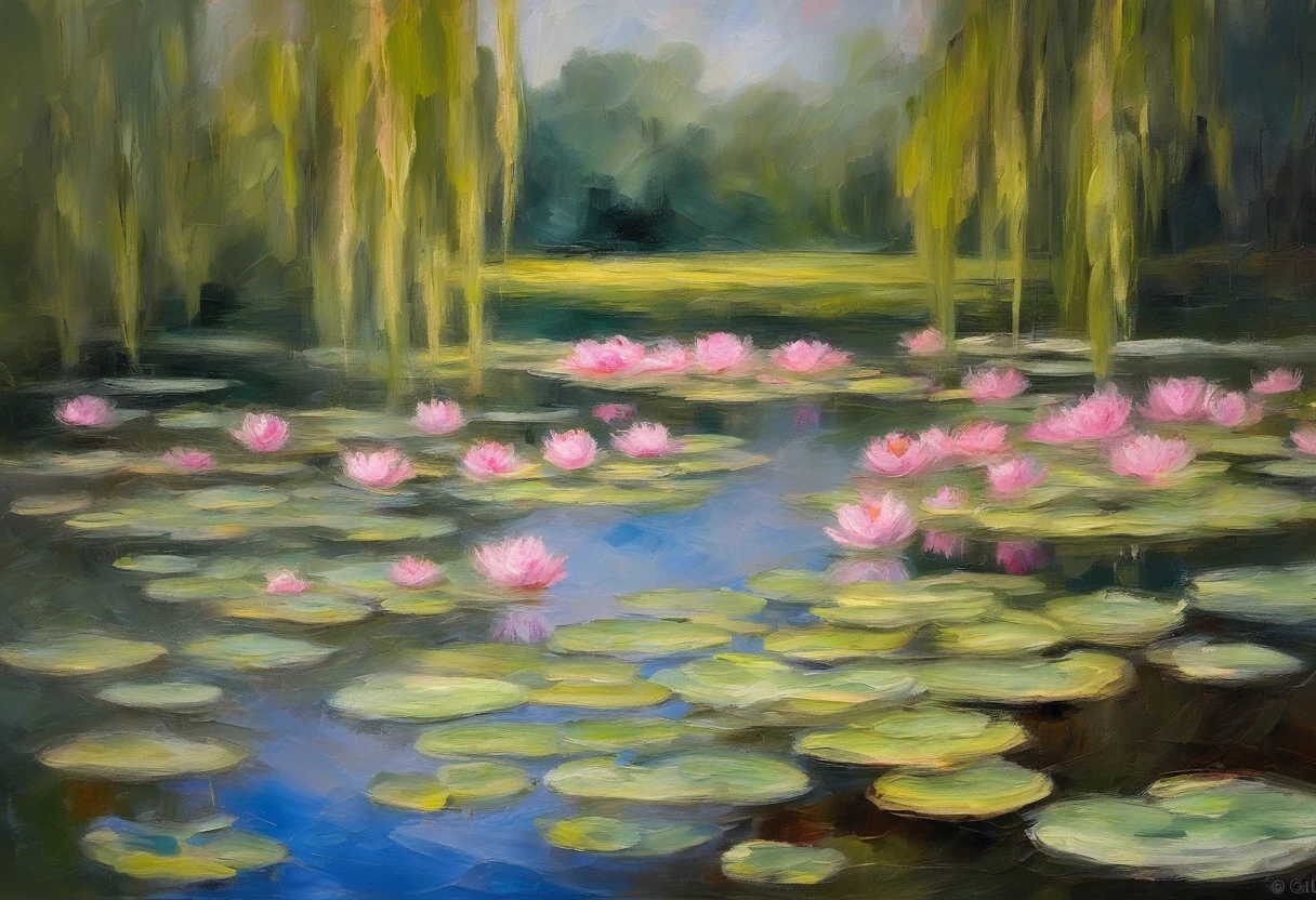  Long shot wide angle top view makes water lily more blurry(light pink) More blurry oil painting brush strokes impasto blur water lily leaves basket green toned water reflection with weeping willow water lily original oil painting Claude Monet pond impasto art impressionism style