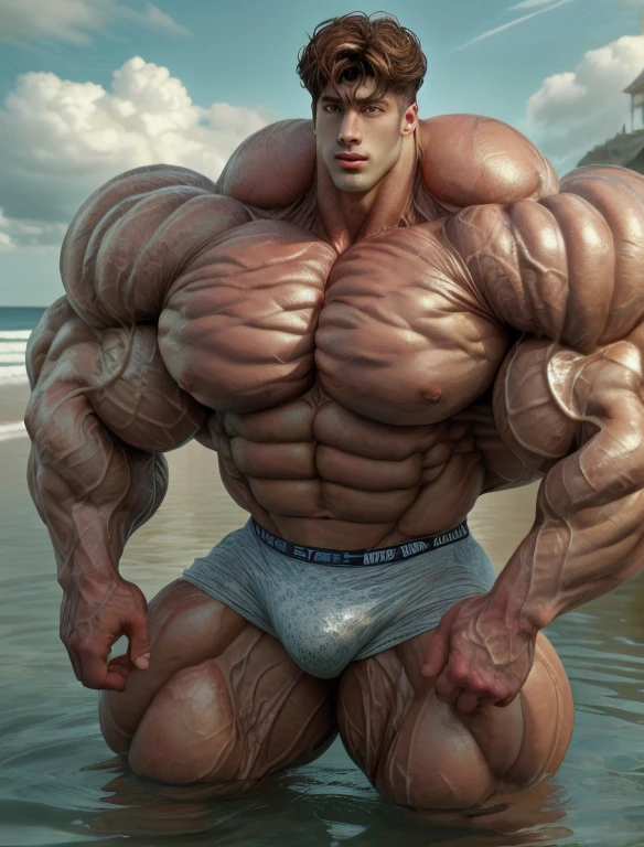 (best quality:1.5, hyperrealistic:1.5, photorealistic:1.4, masterpiece:1.3, enthusiastically detailed photo:1.2), (hyper-realistic lifelike texture:1.4), highly detailed, extremely detailed 8K wallpaper, 1 asian boy, giant, model shoot style, looking at camera, standing, cool ambience, outdoor, summer season, at the ocean lagoon, cloudy sky, strong body, bulk, large size, standing, white triangular underwear, prominent bulge, big, brutalmass, giant, muscular body, bulk, massive body, large meaty body size, brown skin, wet