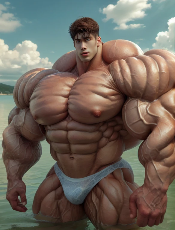 (best quality:1.5, hyperrealistic:1.5, photorealistic:1.4, masterpiece:1.3, enthusiastically detailed photo:1.2), (hyper-realistic lifelike texture:1.4), highly detailed, extremely detailed 8K wallpaper, 1 asian boy, giant, model shoot style, looking at camera, standing, cool ambience, outdoor, summer season, at the ocean lagoon, cloudy sky, strong body, bulk, large size, standing, white triangular underwear, prominent bulge, big, brutalmass, giant, muscular body, bulk, massive body, large meaty body size, brown skin, wet