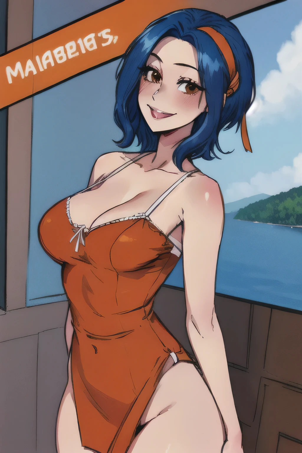 Best quality, masterpiece,illustration,ultra detailed,
charge,1 girl,One ,breast,blue hair,hair band, Brown eyes,orange dress,smile,Short dress,panties,