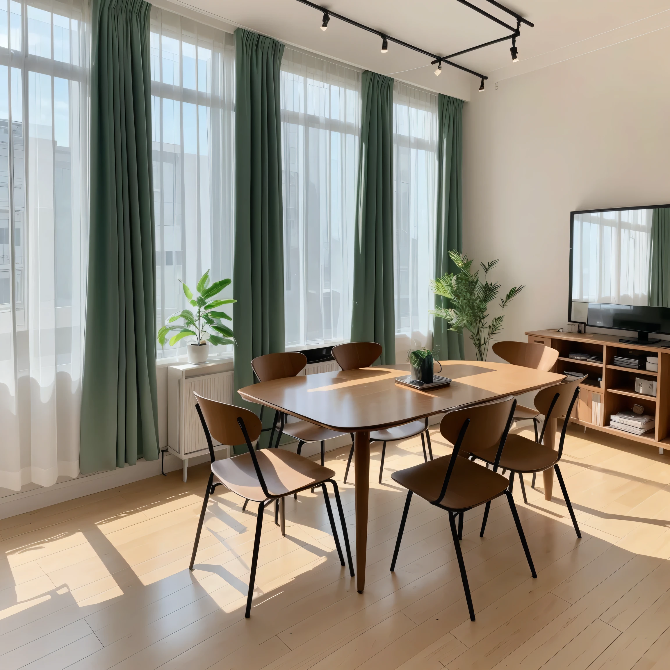 kitchen、Image of the whole room、100㎡、Wide-angle shot、A broad perspective、wide、Large living room、table、Natural interior、Foliage plant、Green curtain、rug、City、Tower apartment、interior、Stylish、Stand lamp、Asahi、Realistic、masterpiece、beautiful、8k、highest quality、Attention to detail、8k、Sharpness
