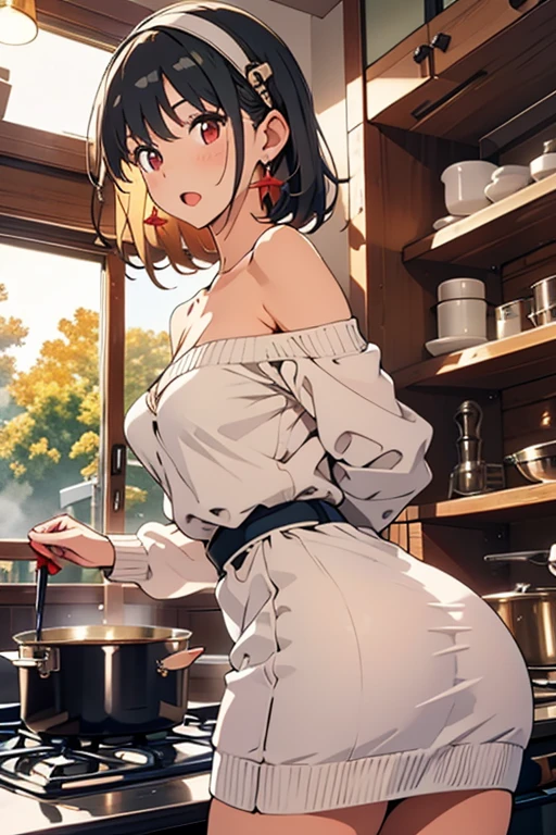 masterpiece, yor, 1girl, Bust A Cup, Amazing Cleavage:1.0, thin waist, big ass, Raised sexy, small breast: 1.2 posed cleavage:1.2、solo, looking at viewer, open mouth, have a cute grass of cute beergrass,black hair, red eyes, dress, bare shoulders, jewelry, collarbone, sidelocks, hairband, earrings, indoors, off shoulder, :o, sweater, arms behind back, plant, short hair with long locks, white hairband, off-shoulder dress, sweater dress, off-shoulder sweater, red sweater, big side hair, very long side hair,is rendered in (masterpiece: 1.2, best quality), with (ultra high resolution) and an exquisite (depth of field). This masterpiece is not only visually stunning but also tells,A scene of cooking in the kitchen

