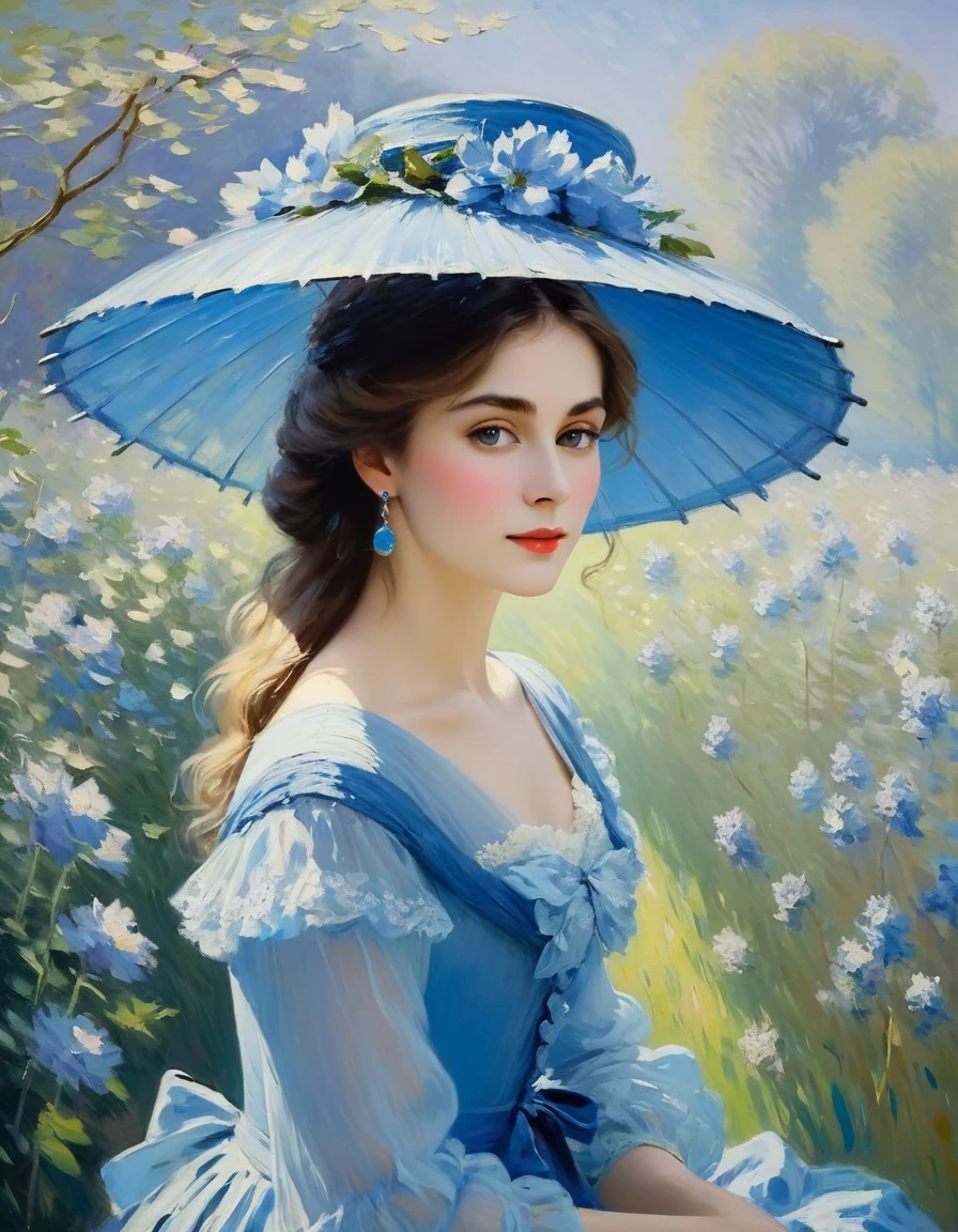 Claude Monet Style/Claude Monet style，Lady in blue，There are no very clear shadows in Monet&#39;s paintings，There are no prominent or flat contour lines.。The color depiction of light and shadow is Monet&#39;s greatest feature。