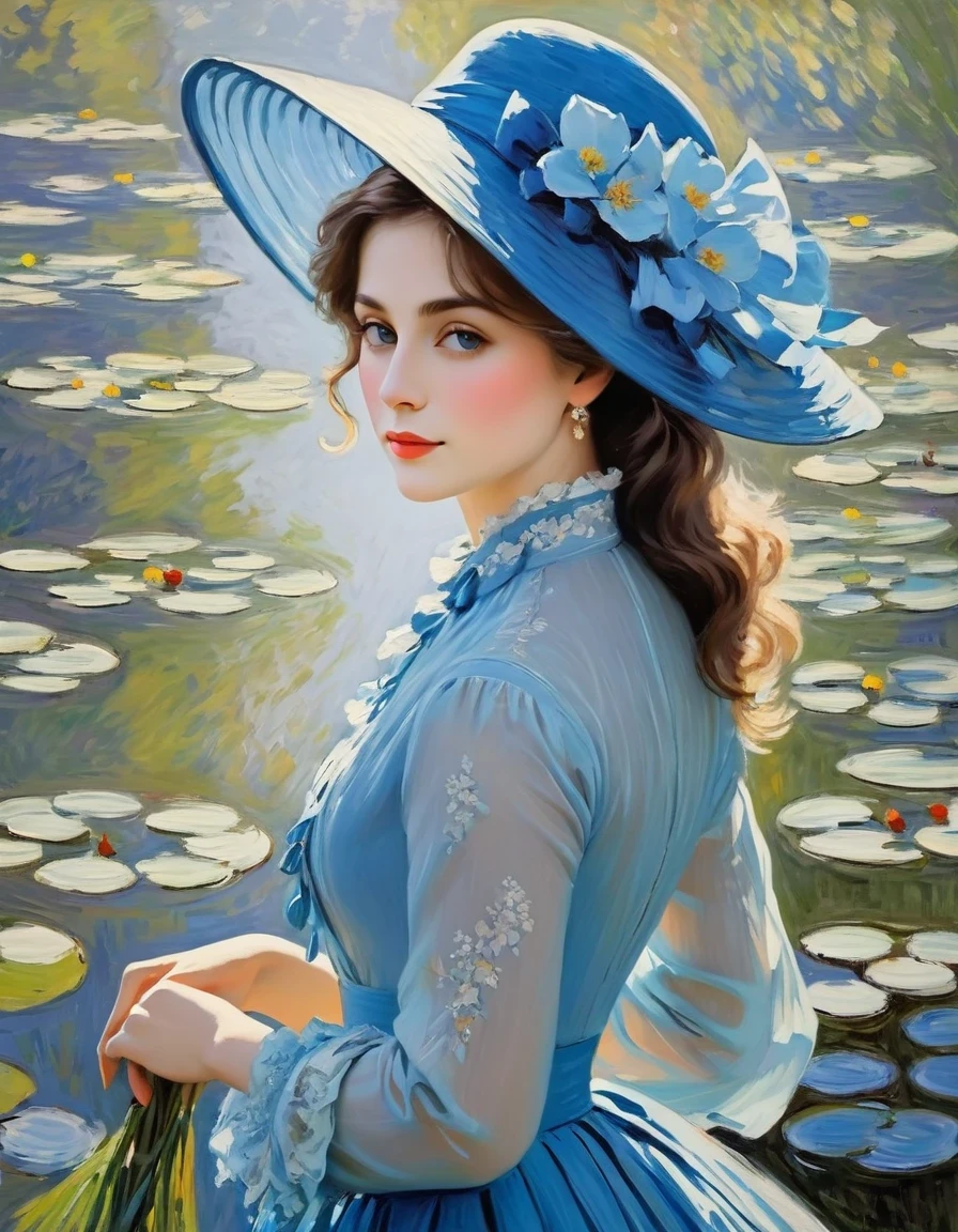 Claude Monet Style/Claude Monet style，Lady in blue，There are no very clear shadows in Monet&#39;s paintings，There are no prominent or flat contour lines.。The color depiction of light and shadow is Monet&#39;s greatest feature。