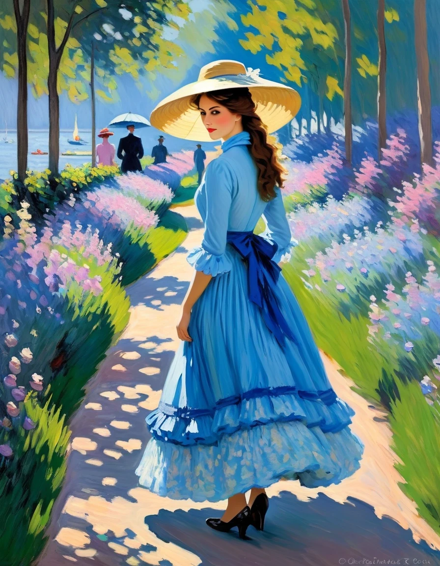 Claude Monet Style/Claude Monet style，Lady in blue，There are no very clear shadows in Monet&#39;s paintings，There are no prominent or flat contour lines.。The color depiction of light and shadow is Monet&#39;s greatest feature。