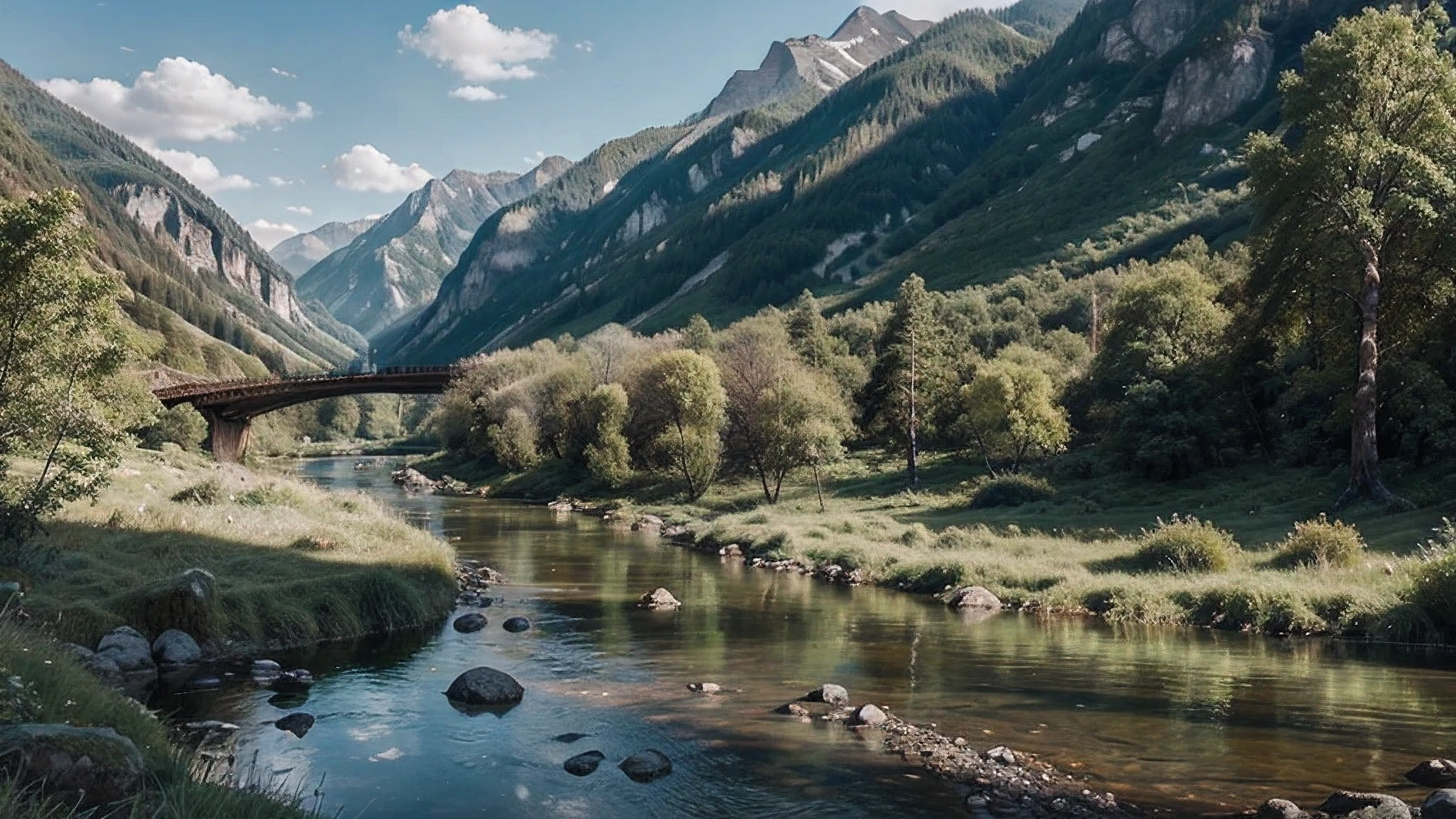 Draw a beautiful green landscape with rivers and mountains in the primeval forest