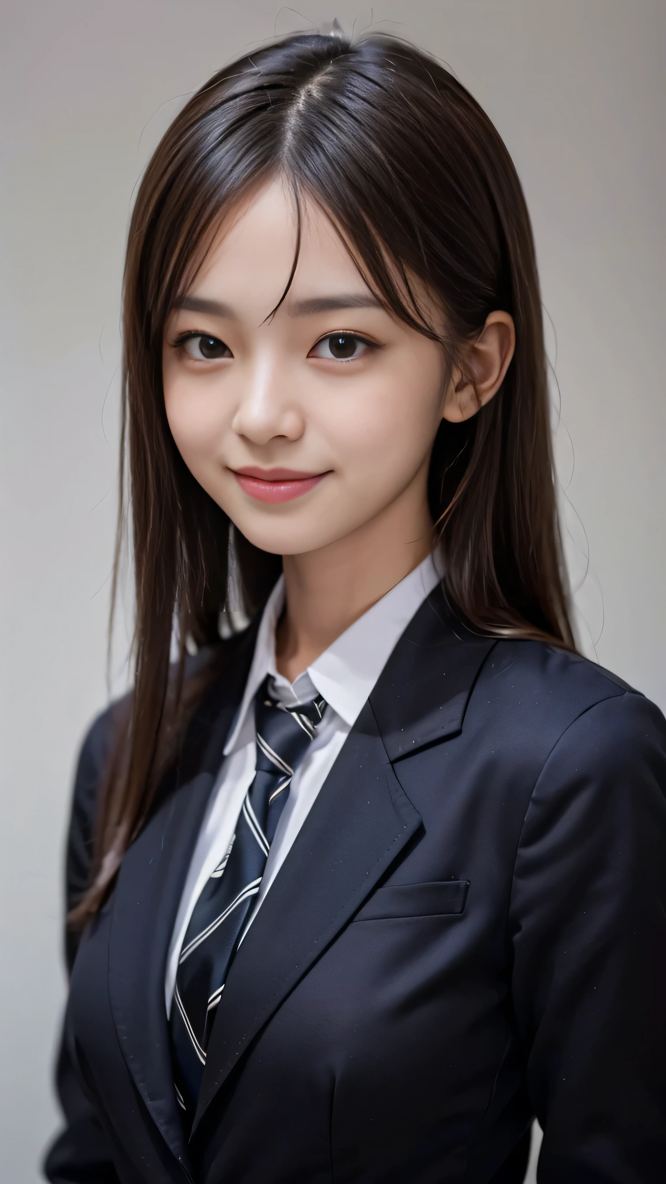 ((highest quality、masterpiece、High resolution))、(((Zoom photo of upper body)))、A shy smile、15 years old、Large Breasts、Black blazer、tie、shirt、Black Hair、Trimmed bangs、Straight Hair))