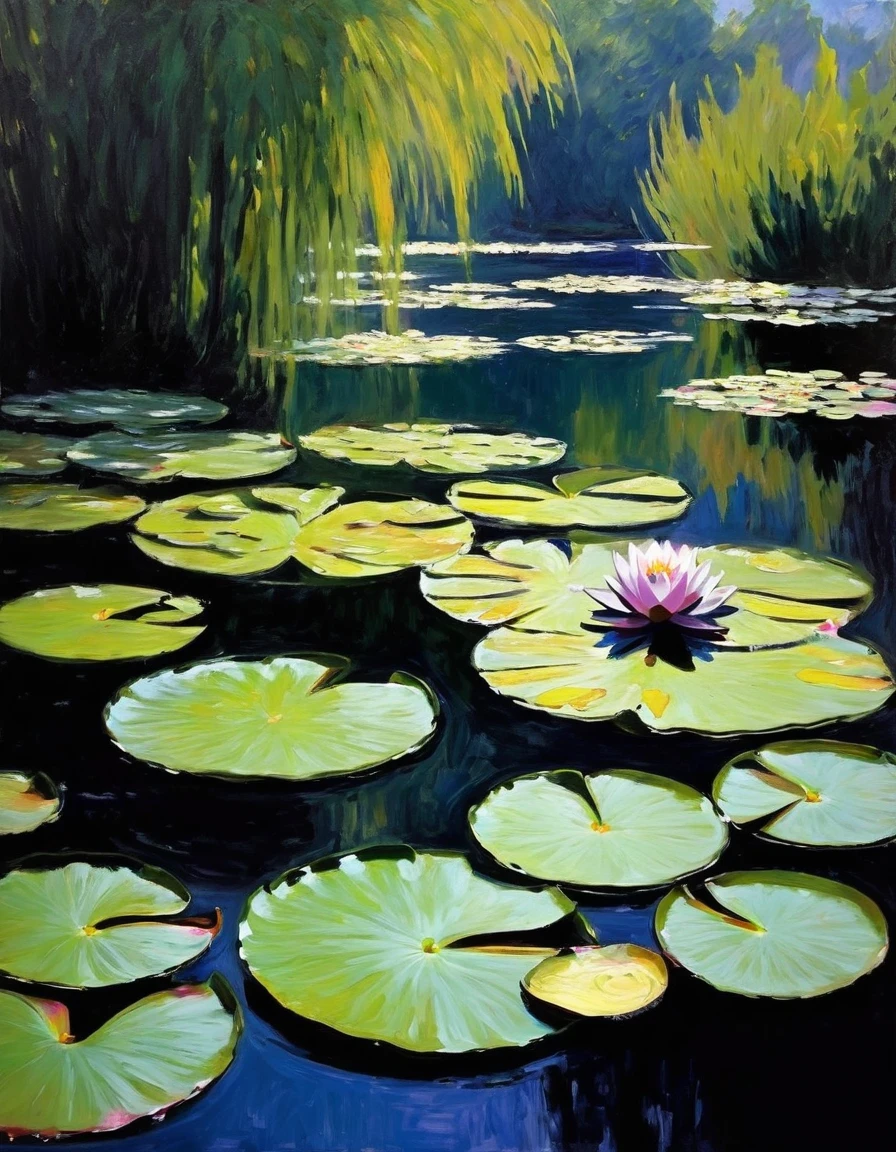 Claude Monet Style/Claude Monet style，（Black Water Lily），Monet was good at experimenting and expressing light and shadow。His most important stylistic change was the way he painted shadows and contours.，There are no very clear shadows in Monet&#39;s paintings，There are no prominent or flat contour lines.。The color depiction of light and shadow is Monet&#39;s greatest feature。