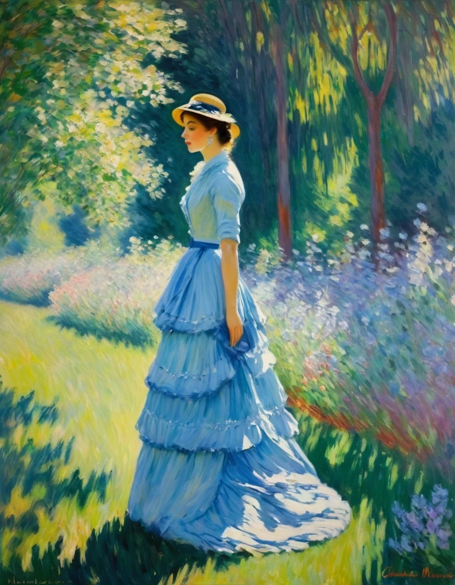 Claude Monet Style/Claude Monet style，Lady in blue，There are no very clear shadows in Monet&#39;s paintings，There are no prominent or flat contour lines.。The color depiction of light and shadow is Monet&#39;s greatest feature。