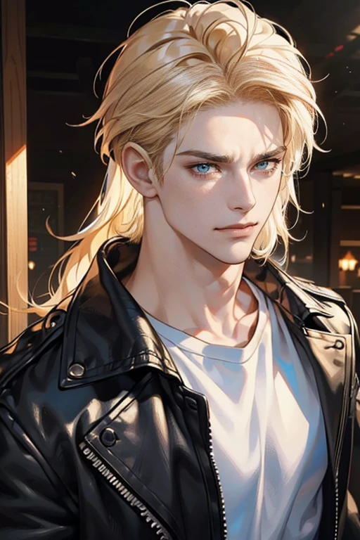(tmasterpiece, high resolution, ultra - detailed:1.0), (1 boy, Young male, masculine face), Perfect male body, Adult male, Delicate eyes and delicate face, Extremely detailed CG, Unity 8k wallpaper, Complicated details, Detailed face, (blond hair, messy hair, serious faces, white T-shirt,Bad students), (frown,evil smile:1.3), Standing in school corridor,black leather jacket, color difference, Depth of field, dramatic shadow, Ray tracing, Best quality, Cinematic lighting, offcial art,Portrait