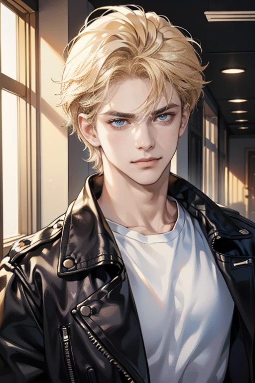 (tmasterpiece, high resolution, ultra - detailed:1.0), (1 boy, Young male, masculine face), Perfect male body, Adult male, Delicate eyes and delicate face, Extremely detailed CG, Unity 8k wallpaper, Complicated details, Detailed face, (blond hair, messy hair, serious faces, white T-shirt,Bad students), (frown,evil smile:1.3), Standing in school corridor,black leather jacket, color difference, Depth of field, dramatic shadow, Ray tracing, Best quality, Cinematic lighting, offcial art,Portrait