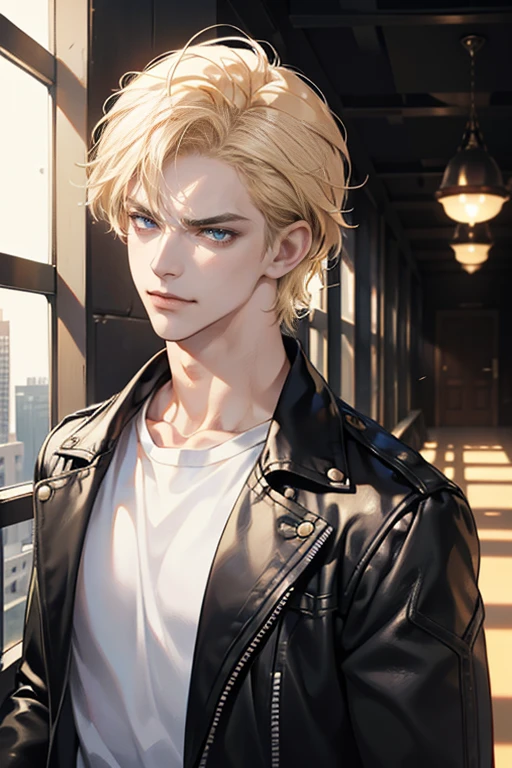 (tmasterpiece, high resolution, ultra - detailed:1.0), (1 boy, Young male, masculine face), Perfect male body, Adult male, Delicate eyes and delicate face, Extremely detailed CG, Unity 8k wallpaper, Complicated details, Detailed face, (blond hair, messy hair, serious faces, white T-shirt,Bad students), (frown,evil smile:1.3), Standing in school corridor,black leather jacket, color difference, Depth of field, dramatic shadow, Ray tracing, Best quality, Cinematic lighting, offcial art,Portrait
