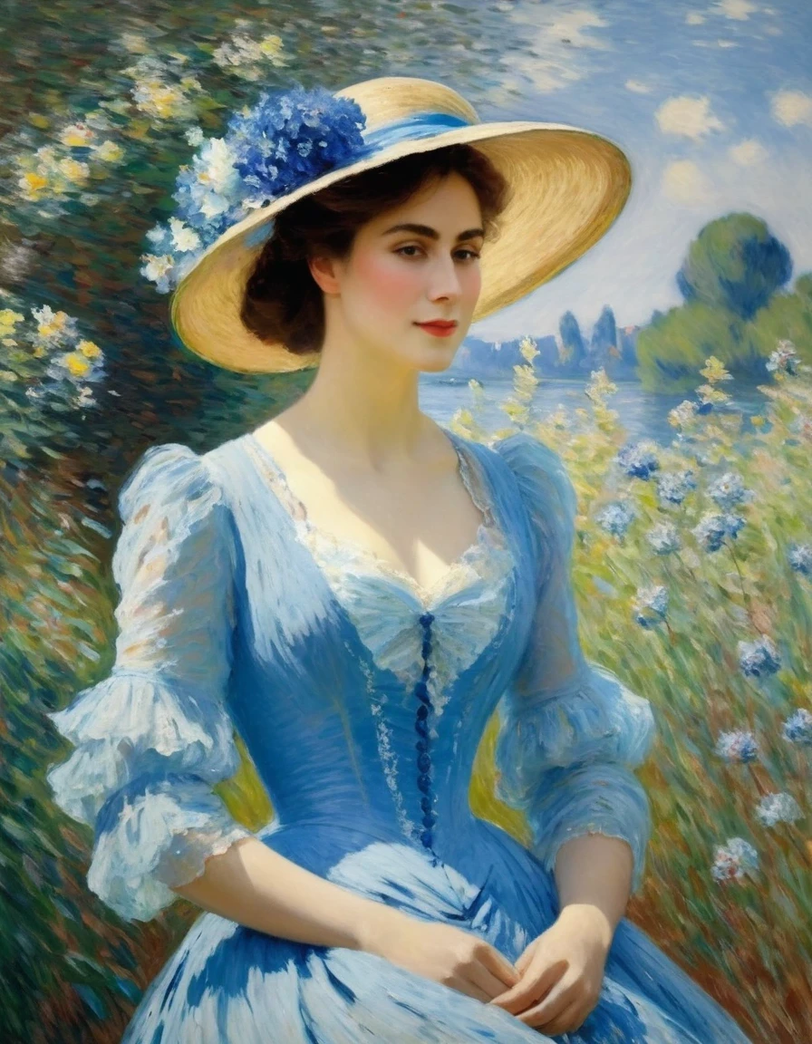 Claude Monet Style/Claude Monet style，Lady in blue，There are no very clear shadows in Monet&#39;s paintings，There are no prominent or flat contour lines.。The color depiction of light and shadow is Monet&#39;s greatest feature。