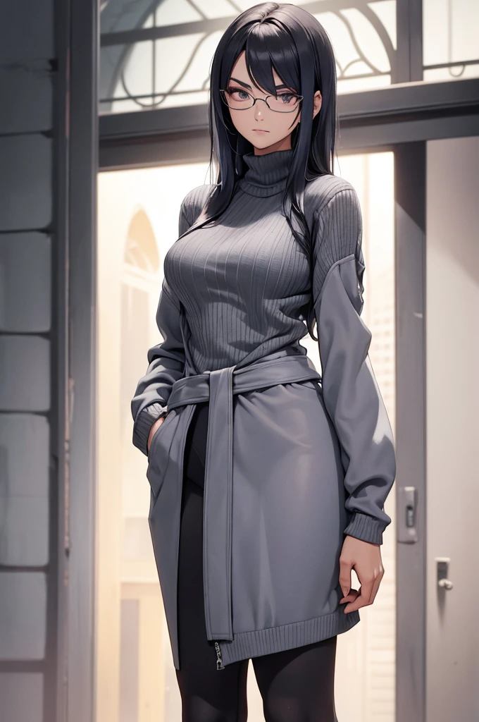 Obra de arte, melhor qualidade, agrias, gray sweater, collant preto, standing, olhando para o espectador, juri han,belas coxas,roupa azul,olhar penetrante,evil look,oculos no rosto,melhor qualidade,best quality,looking at viewer