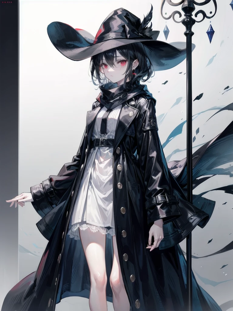 black French narrow-brimmed hat, black trench coat, Black scarf, absurdres, RAW photo, extremely delicate and beautiful, masterpiece, Best Quality, ultra high resolution, 32k, hyperrealistic, ultra-detailed, detailed description, pale skin, 20 years old, tearful mole, earring, short medium hair, wavy hair, whole body shot, legs, Red eyes,