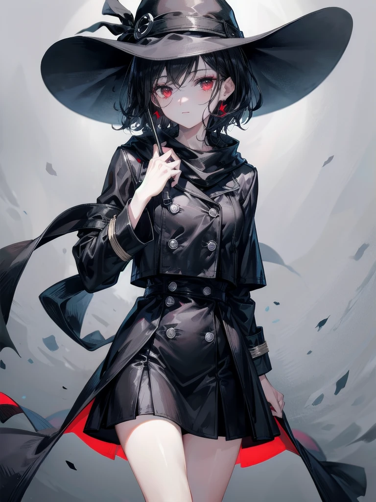 black French narrow-brimmed hat, black trench coat, Black scarf, absurdres, RAW photo, extremely delicate and beautiful, masterpiece, Best Quality, ultra high resolution, 32k, hyperrealistic, ultra-detailed, detailed description, pale skin, 20 years old, tearful mole, earring, short medium hair, wavy hair, whole body shot, legs, Red eyes, 