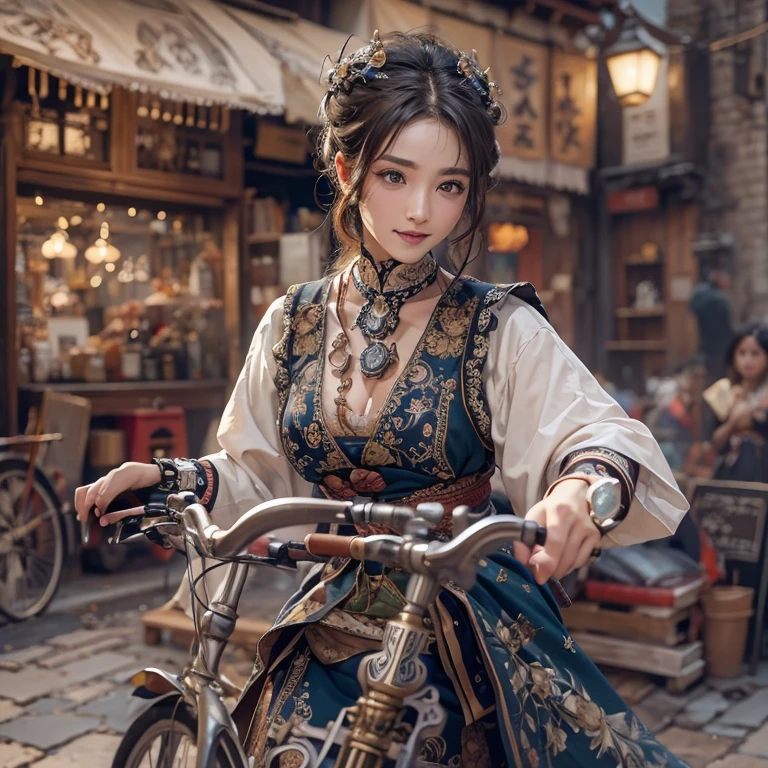Ride an Antique Bicycle on Baker Street 、Hair flow、 ((highest quality、masterpiece、8k、Best image quality、Ultra-high resolution、Award-winning works)、(Accurate anatomy:1.1)、(Look at me and smile:1.1)、Shining fair skin with Ultra-high resolution、The most detailed face、Ultra-high resolution detailed face、Ultra-high resolutionの髪の毛、(Ultra-high resolutionの煌めく瞳:1.1)、Beautiful face drawn in every detail、(Blurred Background:1.1)、Ancient Islamic clothing, Chest to chest, tattoo,