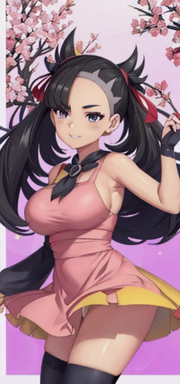 (Marnie:1.3), beautiful,masterpiece, (smir),((gigantic breasts)),smile,best quality, (pink dress:1.2), outdoors,sunny,(1girl:1.3), thighhighs, wide hips, loose top, girl, hyper realistic, bending forward, solid top, boob window, Slutty , slutty expression