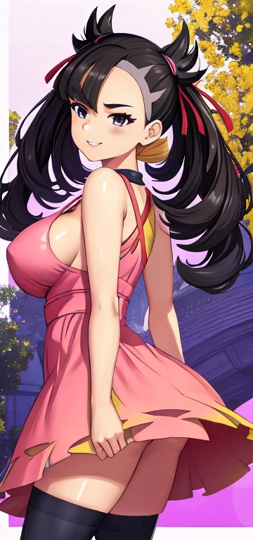 (Marnie:1.3), beautiful,masterpiece, (smir),((gigantic breasts)),smile,best quality, (pink dress:1.2), outdoors,sunny,(1girl:1.3), thighhighs, wide hips, loose top, , hyper realistic, bending forward, solid top, boob window, Slutty , slutty expression