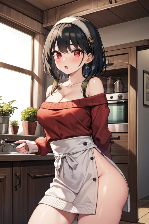 masterpiece, yor, 1girl, Bust A Cup, Amazing Cleavage:1.0, thin waist, big ass, Raised sexy, small breast: 1.2 posed cleavage:1.2、solo, looking at viewer, open mouth, have a cute grass of cute beergrass,black hair, red eyes, dress, bare shoulders, jewelry, collarbone, sidelocks, hairband, earrings, indoors, off shoulder, :o, sweater, arms behind back, plant, short hair with long locks, white hairband, off-shoulder dress, sweater dress, off-shoulder sweater, red sweater, big side hair, very long side hair,is rendered in (masterpiece: 1.2, best quality), with (ultra high resolution) and an exquisite (depth of field). This masterpiece is not only visually stunning but also tells,A scene of cooking in the kitchen