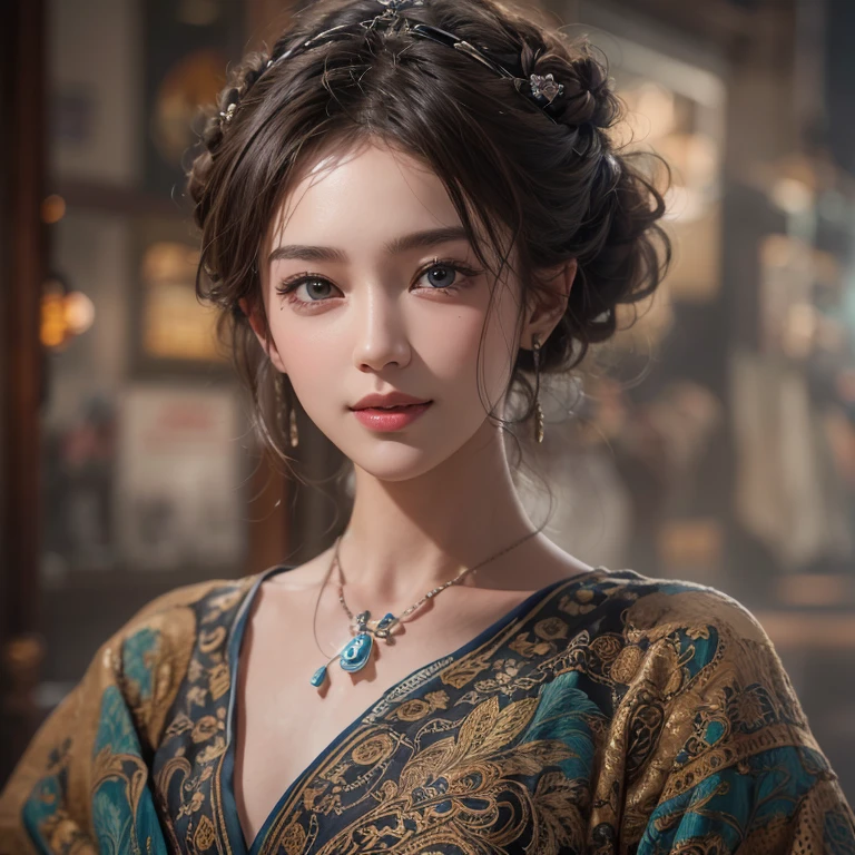Ride an Antique Bicycle on Baker Street 、Hair flow、 ((highest quality、masterpiece、8k、Best image quality、Ultra-high resolution、Award-winning works)、(Accurate anatomy:1.1)、(Look at me and smile:1.1)、Shining fair skin with Ultra-high resolution、The most detailed face、Ultra-high resolution detailed face、Ultra-high resolutionの髪の毛、(Ultra-high resolutionの煌めく瞳:1.1)、Beautiful face drawn in every detail、(Blurred Background:1.1)、Ancient Islamic clothing, Chest to chest, tattoo,