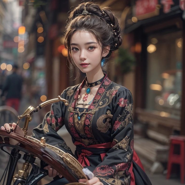 Ride an Antique Bicycle on Baker Street 、Hair flow、 ((highest quality、masterpiece、8k、Best image quality、Ultra-high resolution、Award-winning works)、(Accurate anatomy:1.1)、(Look at me and smile:1.1)、Shining fair skin with Ultra-high resolution、The most detailed face、Ultra-high resolution detailed face、Ultra-high resolutionの髪の毛、(Ultra-high resolutionの煌めく瞳:1.1)、Beautiful face drawn in every detail、(Blurred Background:1.1)、Ancient Islamic clothing, Chest to chest, tattoo,