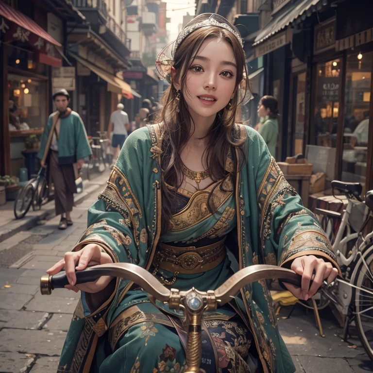 Ride an Antique Bicycle on Baker Street 、Hair flow、 ((highest quality、masterpiece、8k、Best image quality、Ultra-high resolution、Award-winning works)、(Accurate anatomy:1.1)、(Look at me and smile:1.1)、Shining fair skin with Ultra-high resolution、The most detailed face、Ultra-high resolution detailed face、Ultra-high resolutionの髪の毛、(Ultra-high resolutionの煌めく瞳:1.1)、Beautiful face drawn in every detail、(Blurred Background:1.1)、Ancient Islamic clothing, Chest to chest, tattoo,