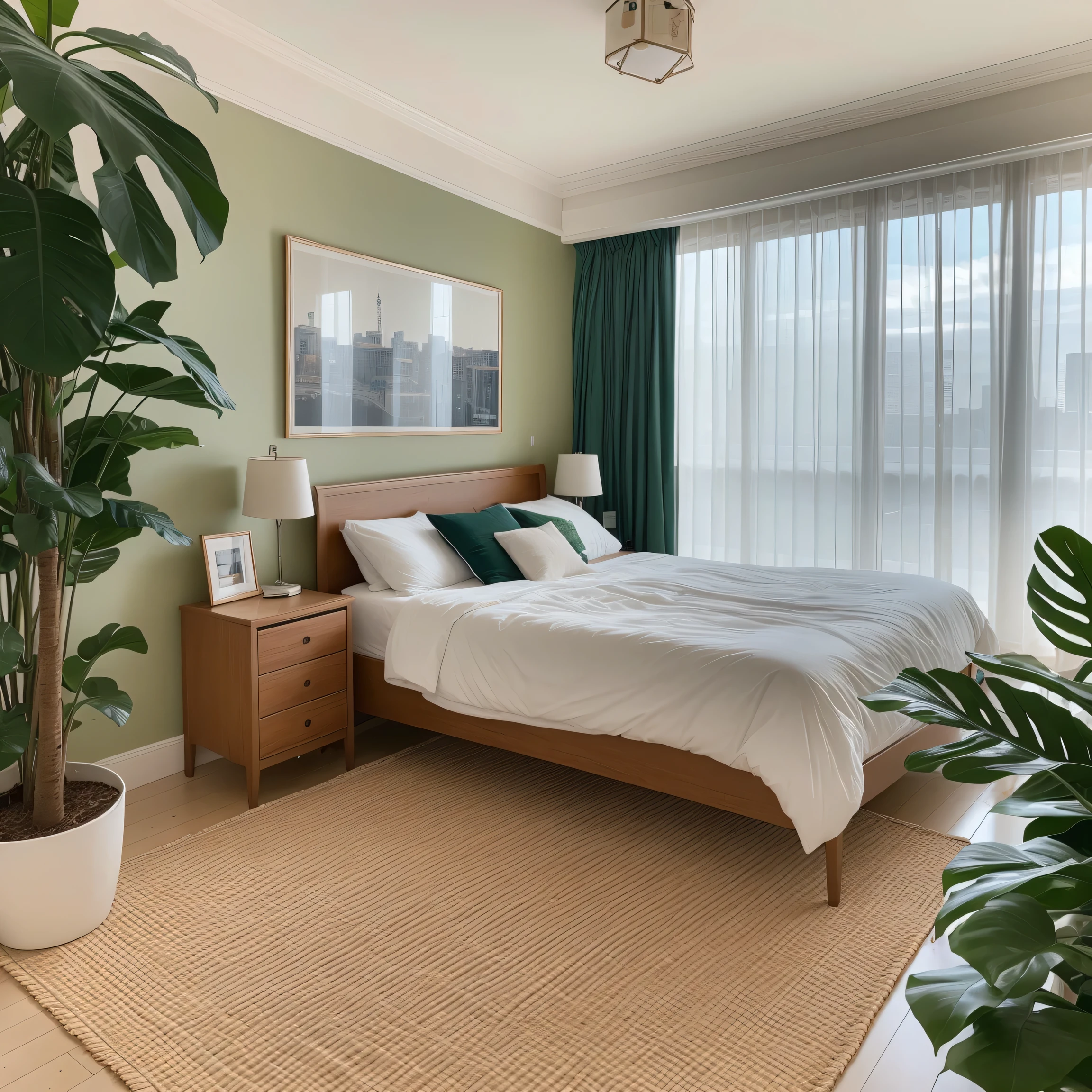 Large bedroom、bedroom、Image of the whole room、100㎡、Wide-angle shot、A broad perspective、wide、Large living room、table、Natural interior、Foliage plant、Green curtain、rug、City、Tower apartment、interior、Stylish、Stand lamp、Asahi、Realistic、masterpiece、beautiful、8k、highest quality、Attention to detail、8k、Sharpness
