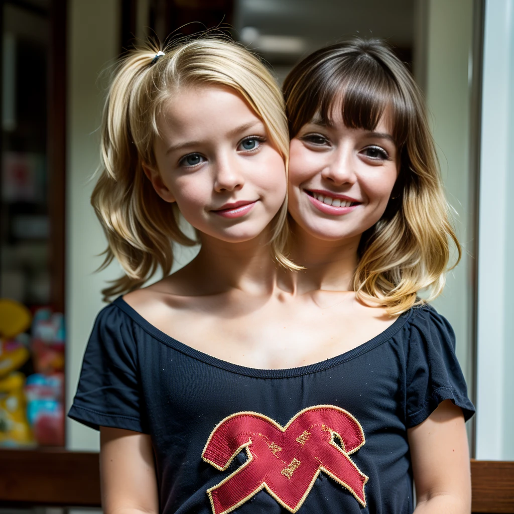 2heads, (one head young child:1.5), (one head adult:1.5), (a blonde and a brunette:1.3), (female:1.5)