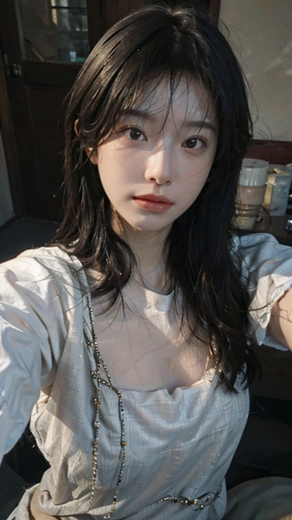 8k,highest quality, masterpiece, Ultra-high resolution, (Realistic:1.4), RAW Photos, (Real skin texture:1.3), (Film Grain:1.3), (Selfie angle),One girl,Beautiful and detailed eyes and face,masterpiece, highest quality,close,Upper Body,