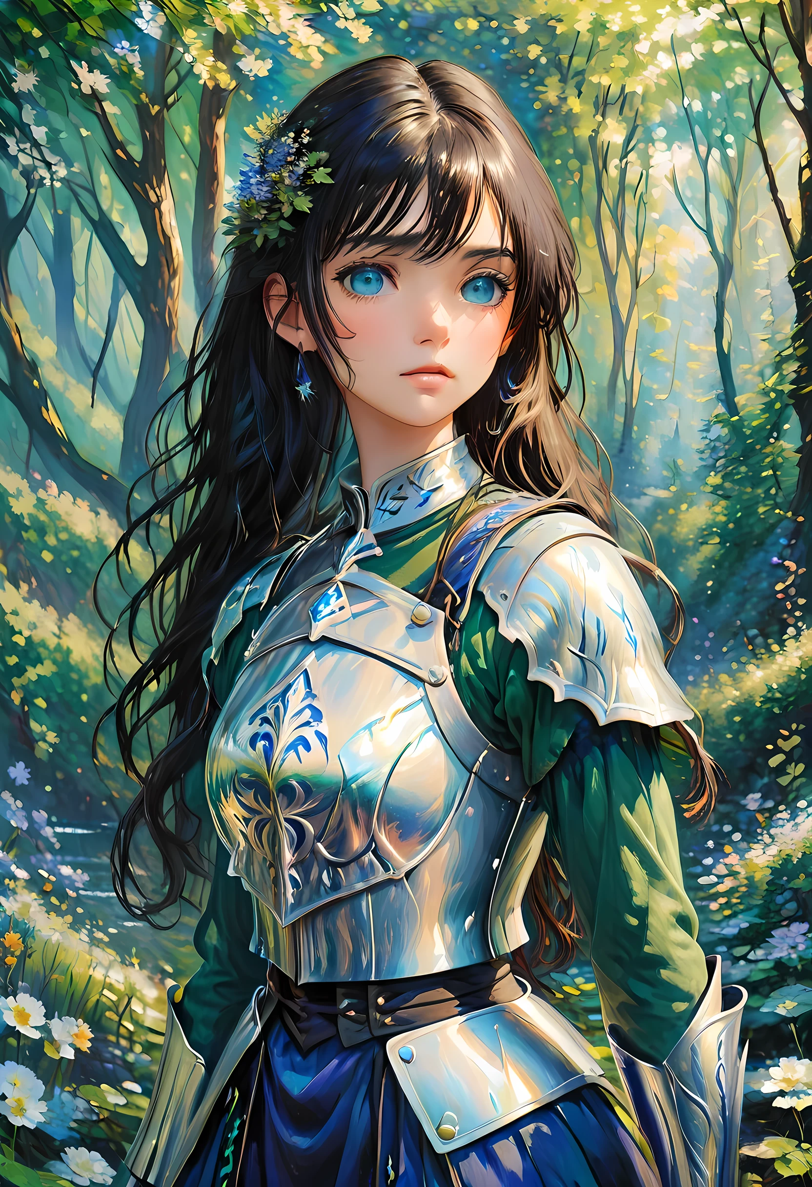 (Claude Monet Style:1.5) Claude_Monet style painting, a picture of woman paladin of nature protecting the forest, a woman knight, black hair, long hair, full body (best details, Masterpiece, best quality :1.5), ultra detailed face (best details, Masterpiece, best quality :1.5), ultra feminine (best details, Masterpiece, best quality :1.5), black hair, long hair, braided hair, pale skin, (deep blue: 1.2) eyes, intense eyes, wearying heavy armor, white armor (best details, Masterpiece, best quality :1.5), green cloak, armed with a sword, glowing sword GlowingRunes_green, fantasy forest background, D&D art, RPG art, magical atmosphere magic-fantasy-forest, ultra best realistic, best details, best quality, 16k, [ultra detailed], masterpiece, best quality, (extremely detailed), ultra wide shot, photorealism, depth of field, hyper realistic painting, ArmoredDress